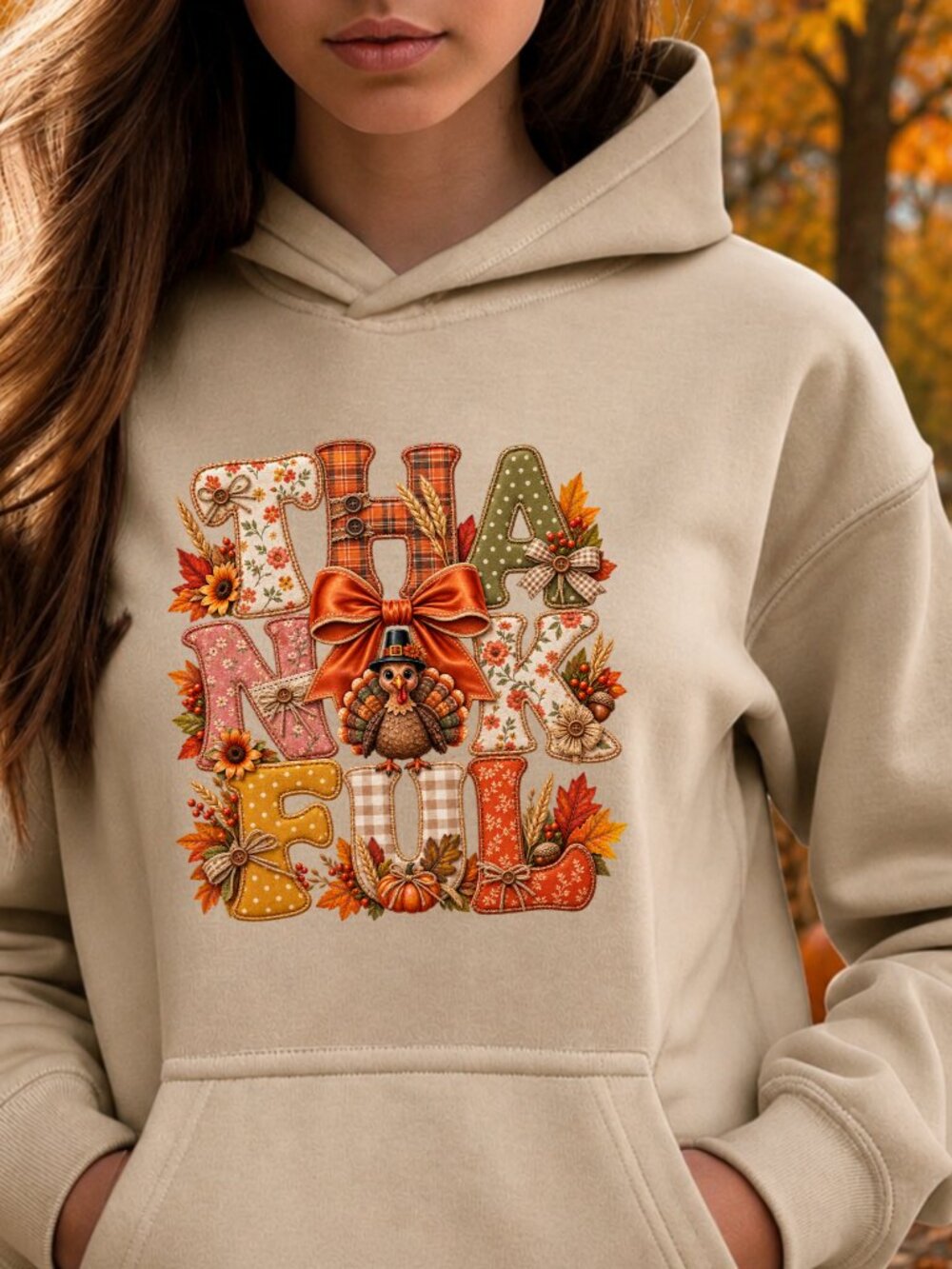 Thankful HOODIE Graphic Sweatshirt Applique Style Thanksgiving Bow Fall Turkey